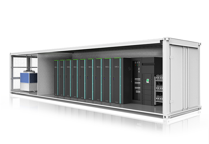 Container interior with racks and cooling